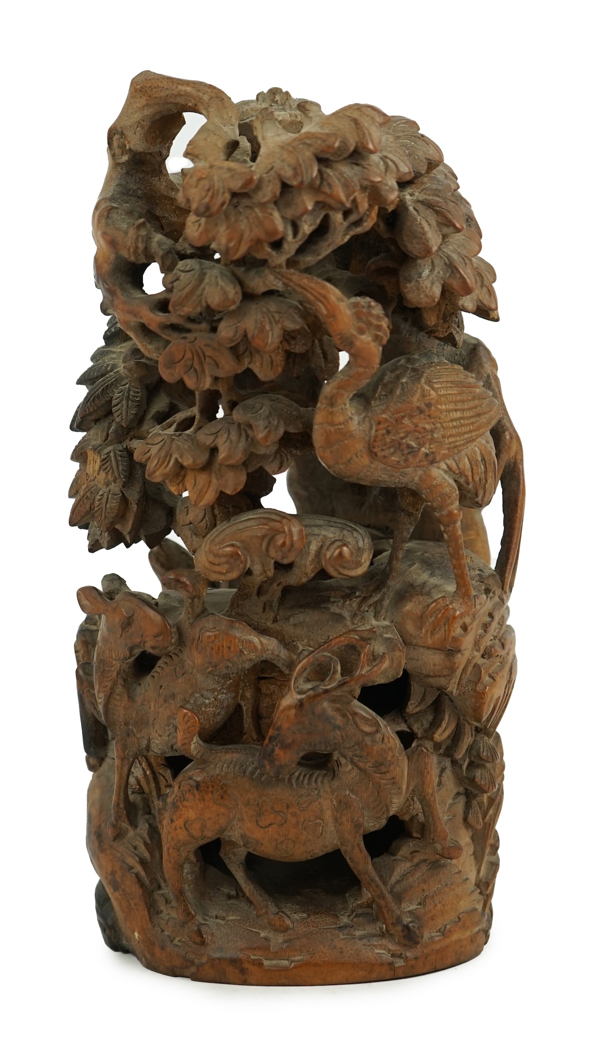 A Chinese bamboo 'crane, deer and pine' carving, 19th century, 25cm high. Condition - good